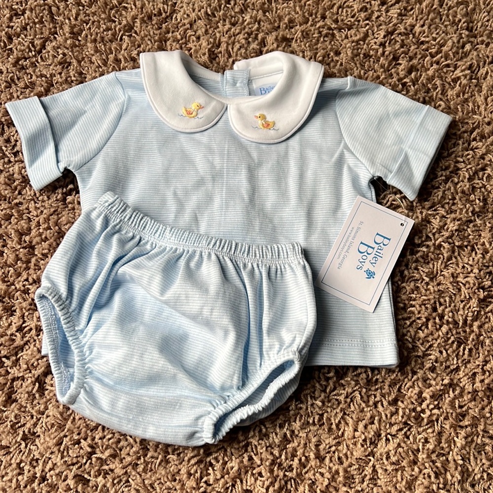 NWT Boutique Baby Boy 6mo, Bailey Boys Duck Stripe Outfit, Smoke/Pet Free
